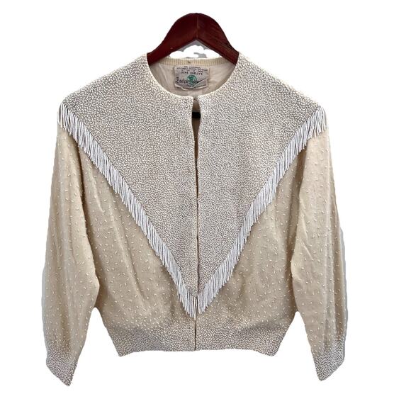 Vintage Gene Shelly's Cream Beaded Fringe Cardigan Sweater Womens Medium - Picture 1 of 16